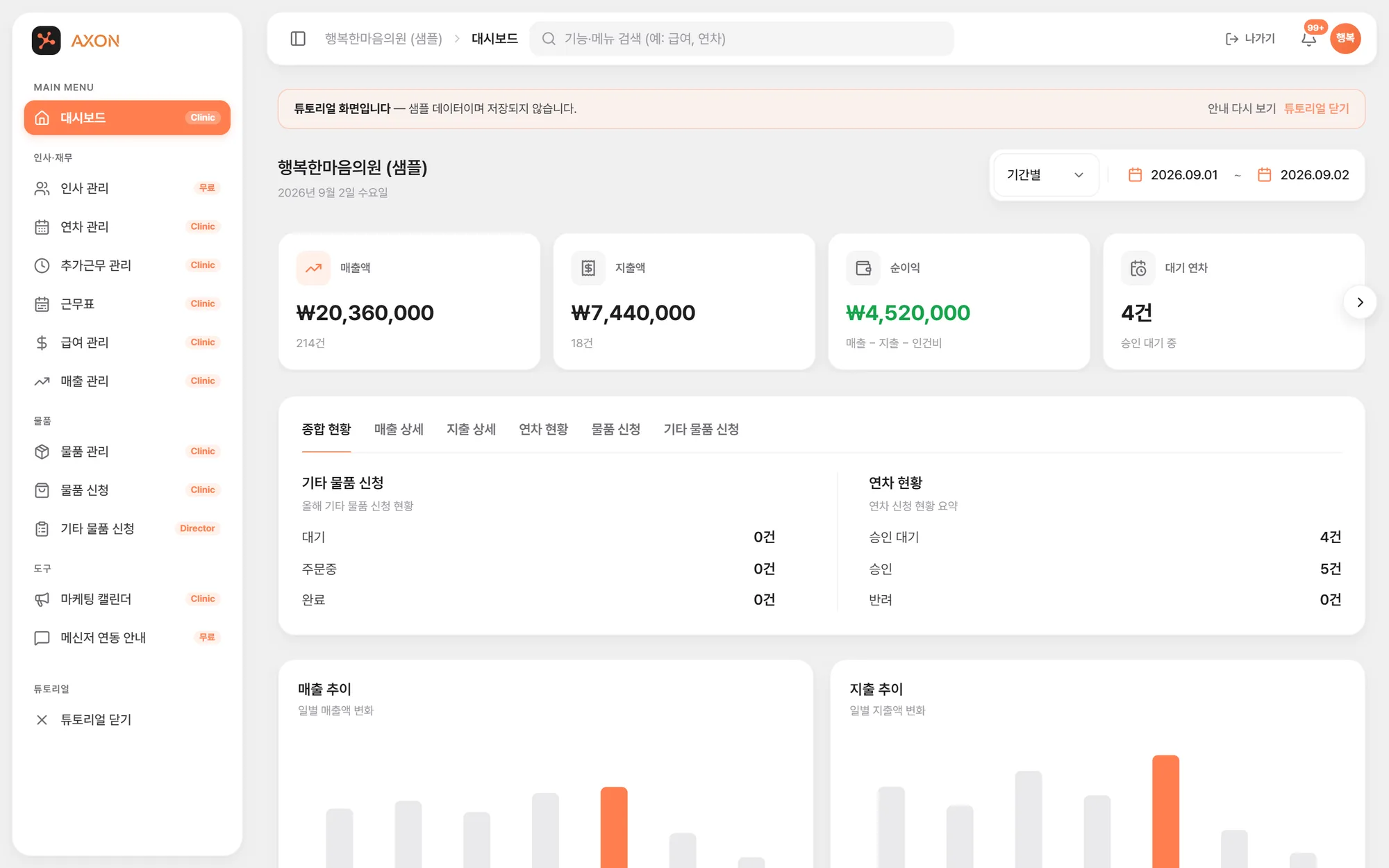 AXON 관리자 보드 대시보드 실제 화면